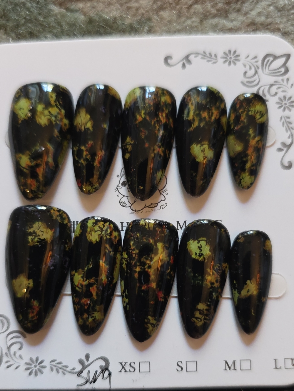 Black and Olive Green Marble Press-On Nail Set - Size Large